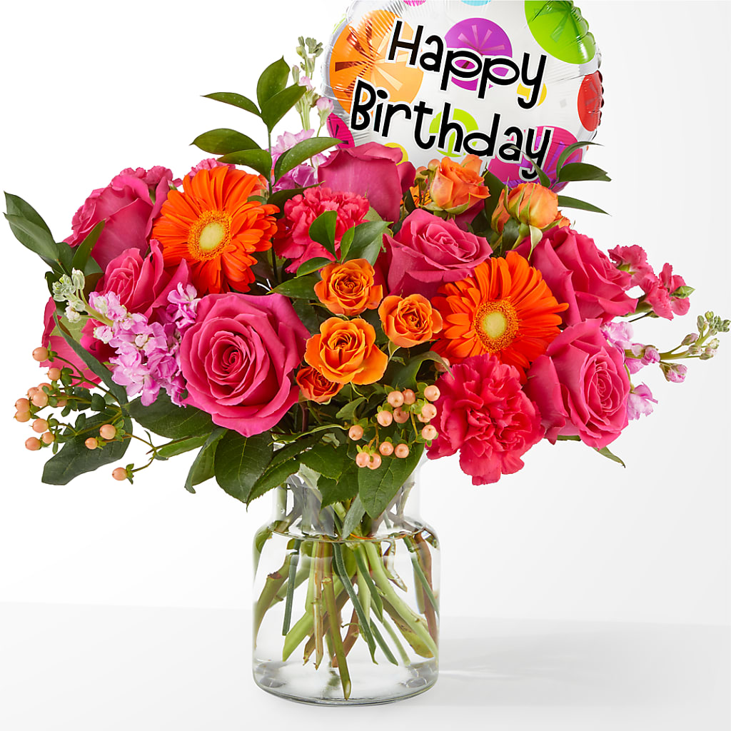 Fiesta Bouquet with Birthday Balloon – DANDELIONS ALL THINGS WEDDINGS & EVENTS, Germanton NC