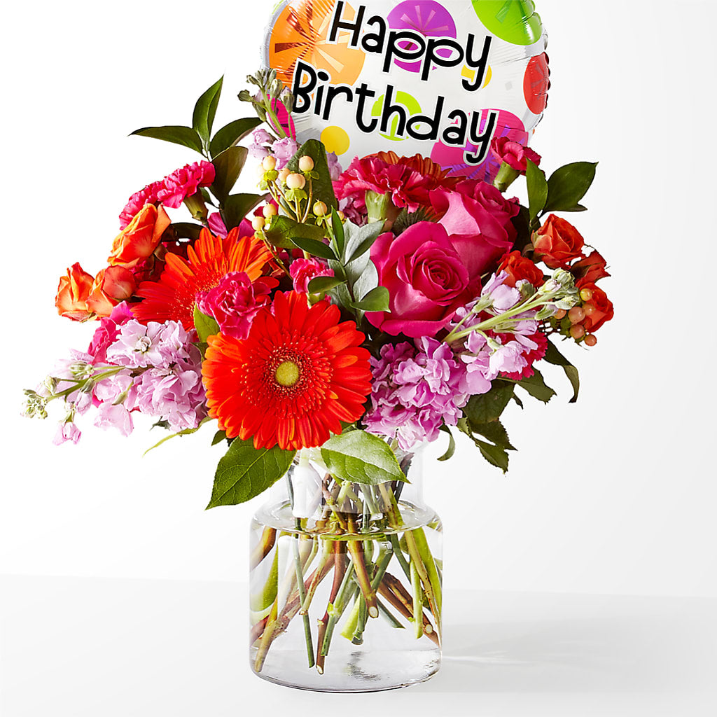 Fiesta Bouquet with Birthday Balloon – DANDELIONS ALL THINGS WEDDINGS & EVENTS, Germanton NC