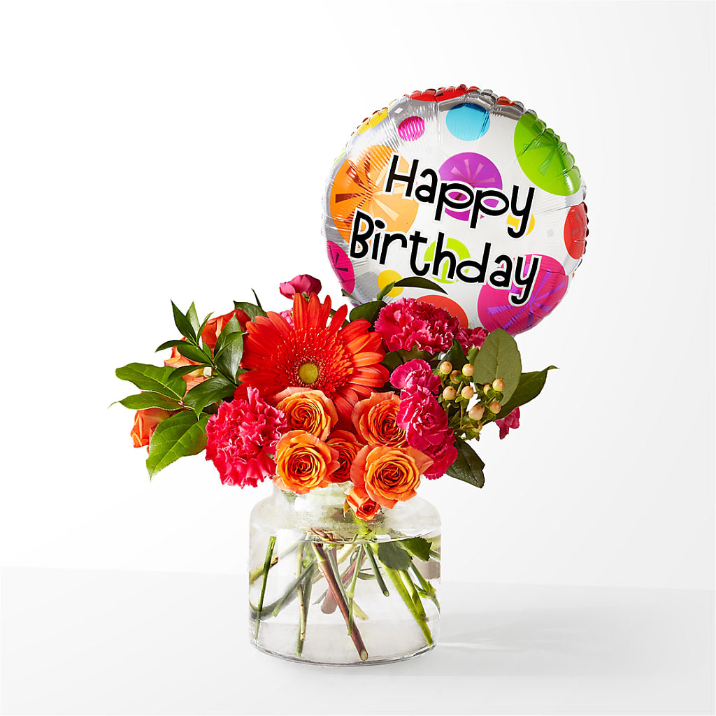 Fiesta Bouquet with Birthday Balloon – DANDELIONS ALL THINGS WEDDINGS & EVENTS, Germanton NC