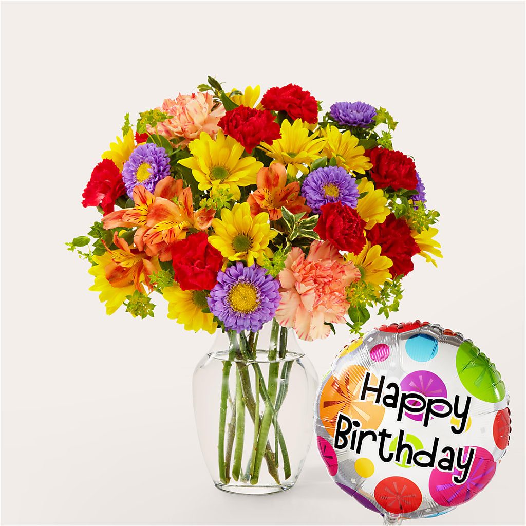 Kaleidoscope Bouquet with Birthday Balloon – DANDELIONS ALL THINGS WEDDINGS & EVENTS, Germanton NC
