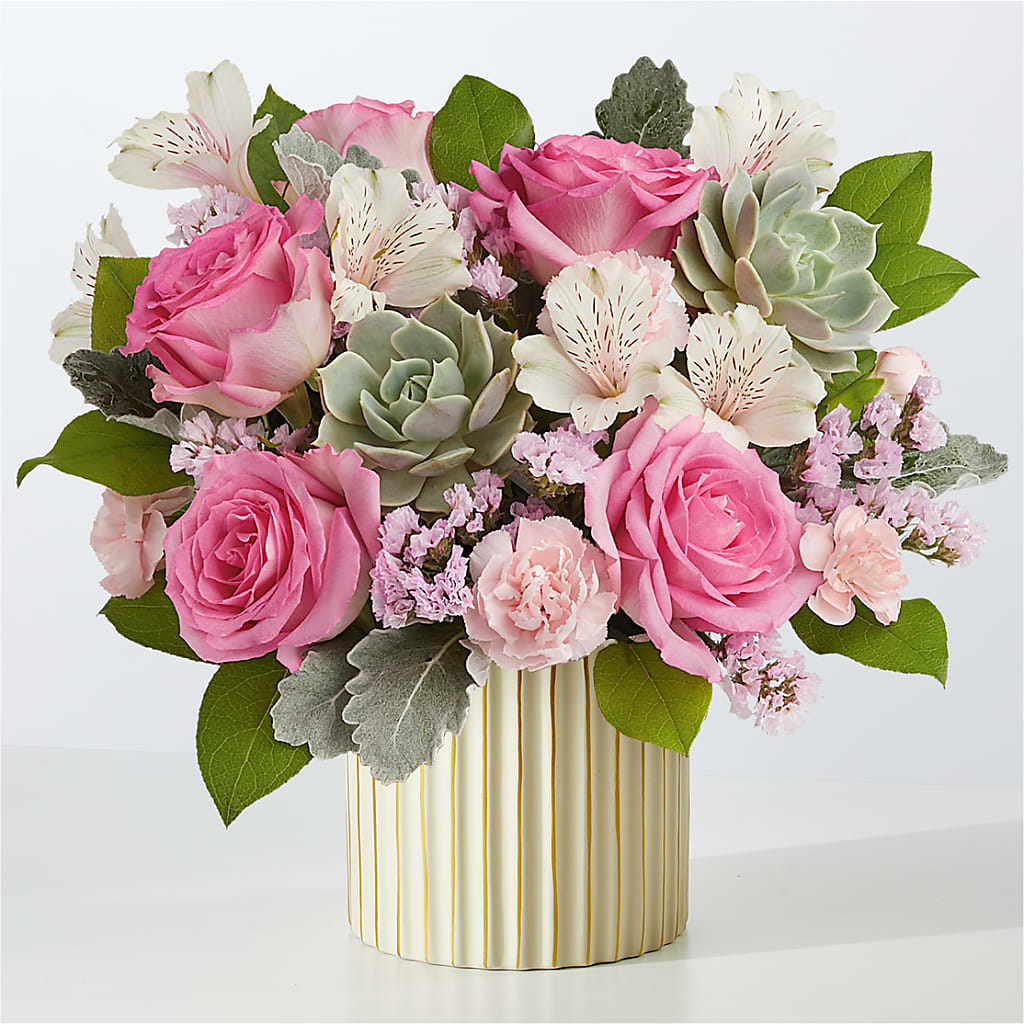 Dusty Rose Bouquet with Ivory Vase – DANDELIONS ALL THINGS WEDDINGS & EVENTS, Germanton NC