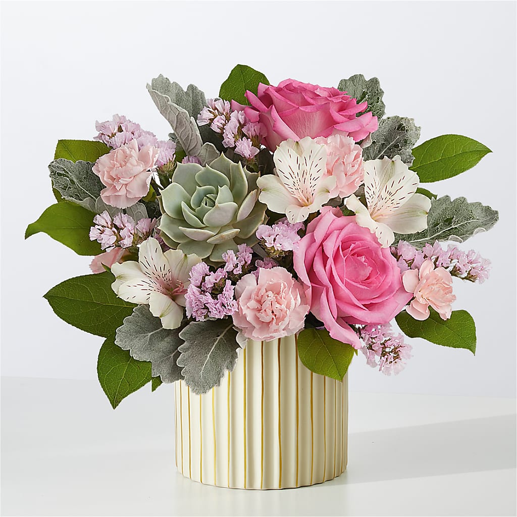 Dusty Rose Bouquet with Ivory Vase – DANDELIONS ALL THINGS WEDDINGS & EVENTS, Germanton NC