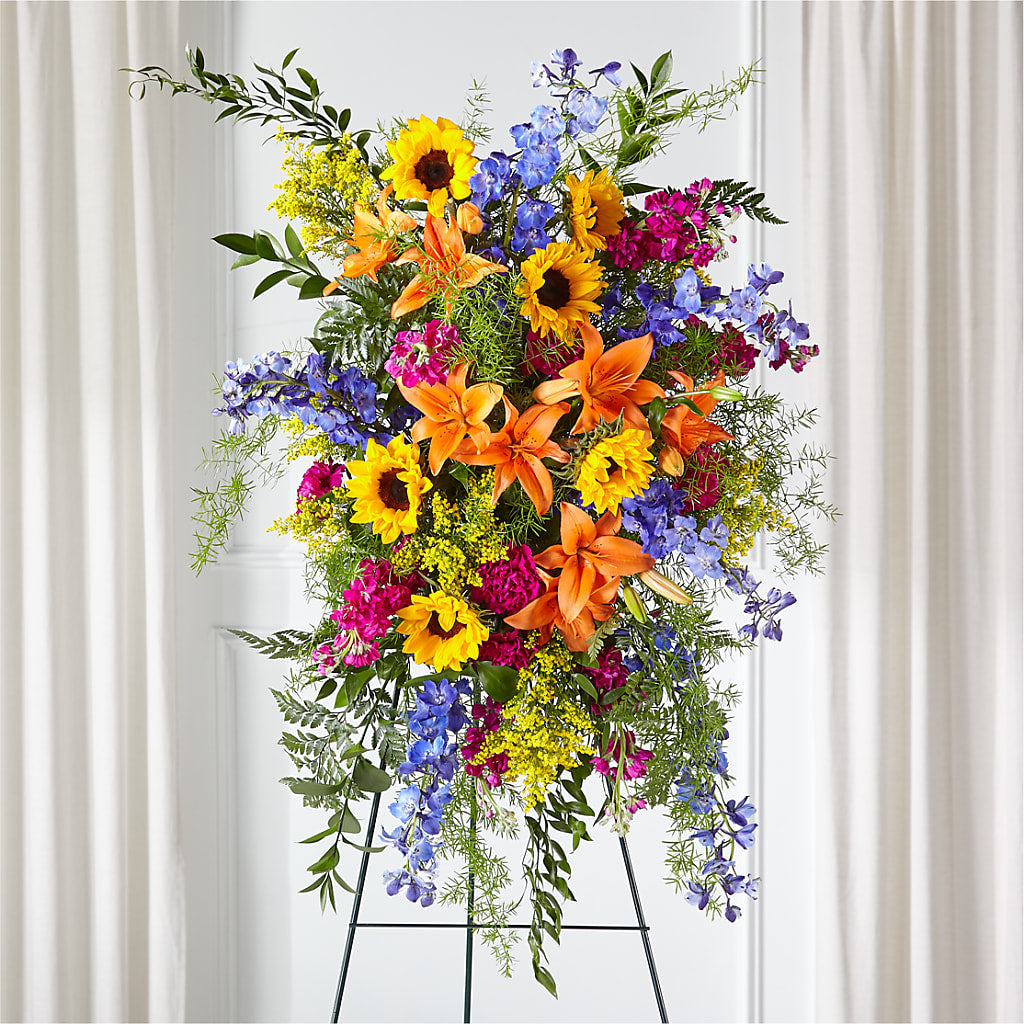 Sunlit Memories Standing Spray (Standard) – DANDELIONS ALL THINGS WEDDINGS & EVENTS, Germanton NC