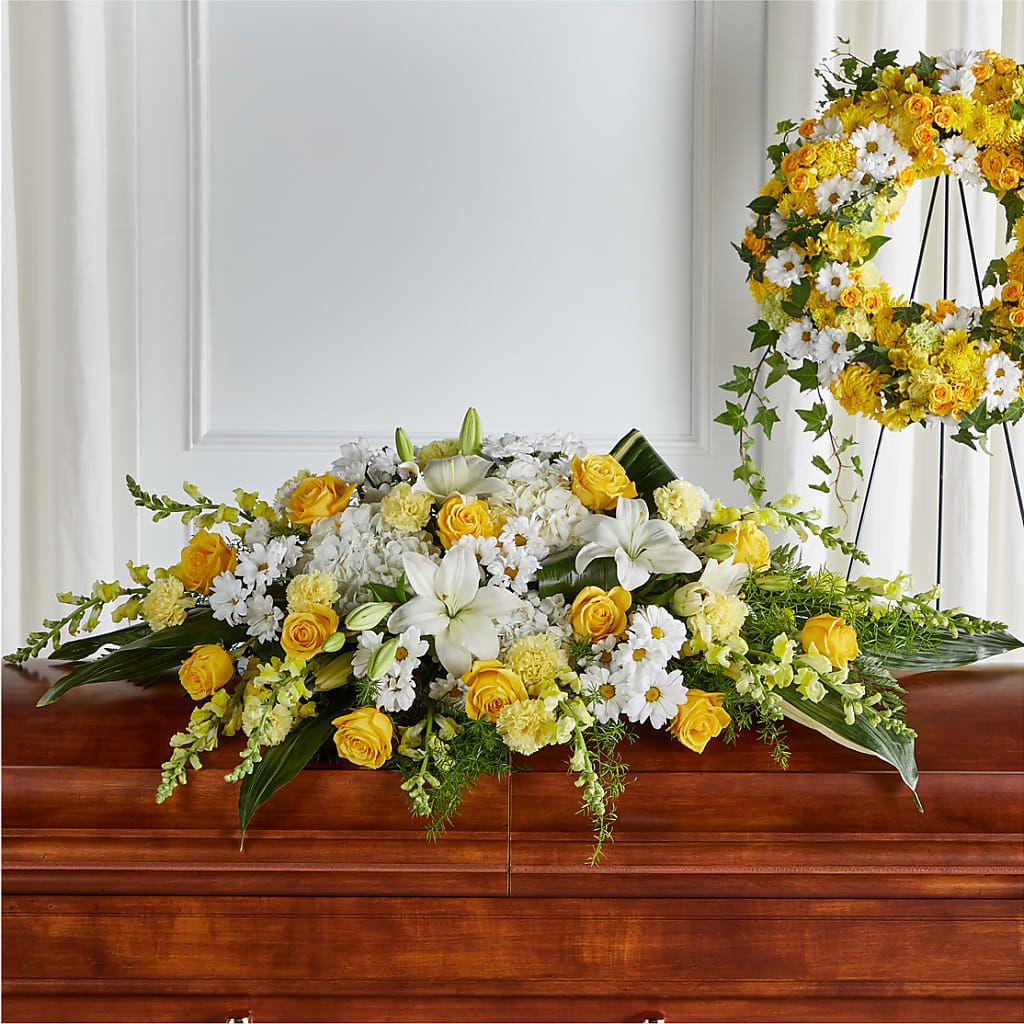 Golden Harmony Casket Spray – DANDELIONS ALL THINGS WEDDINGS & EVENTS, Germanton NC