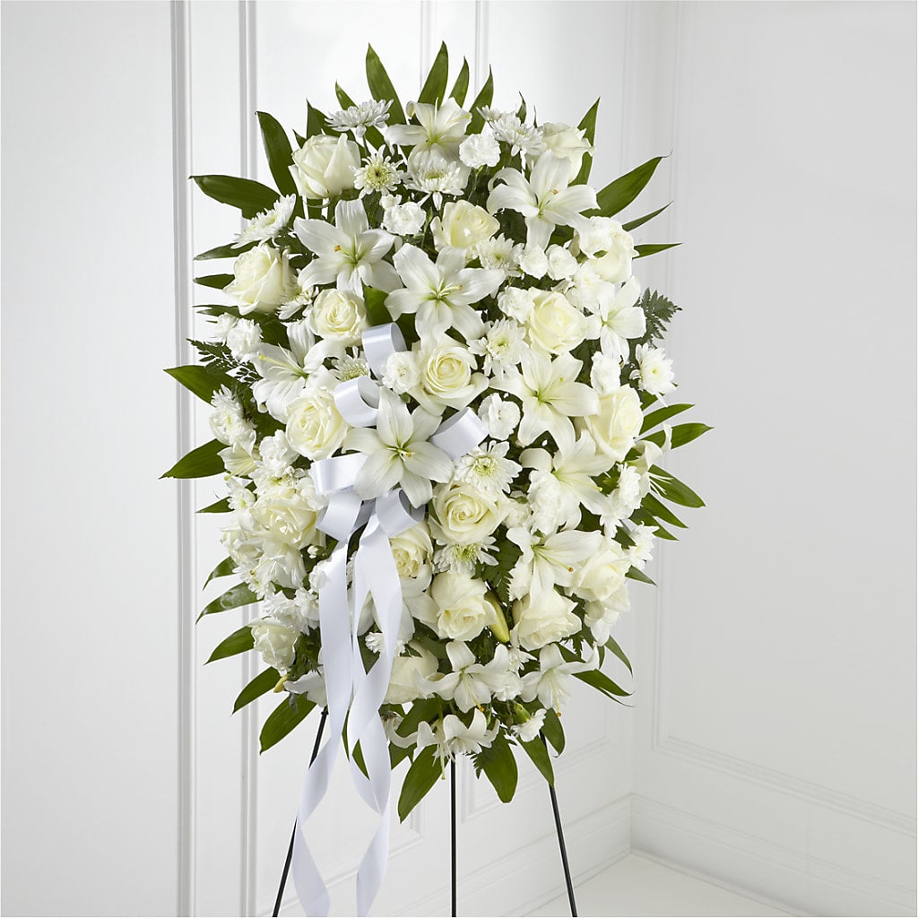 Exquisite Tribute Standing Spray-White Ribbon – DANDELIONS ALL THINGS WEDDINGS & EVENTS, Germanton NC