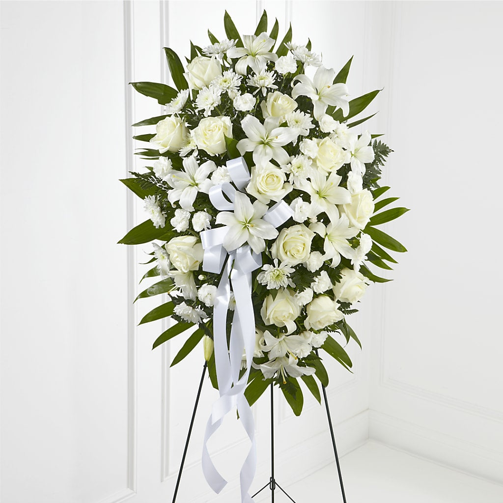 Exquisite Tribute Standing Spray-White Ribbon – DANDELIONS ALL THINGS WEDDINGS & EVENTS, Germanton NC