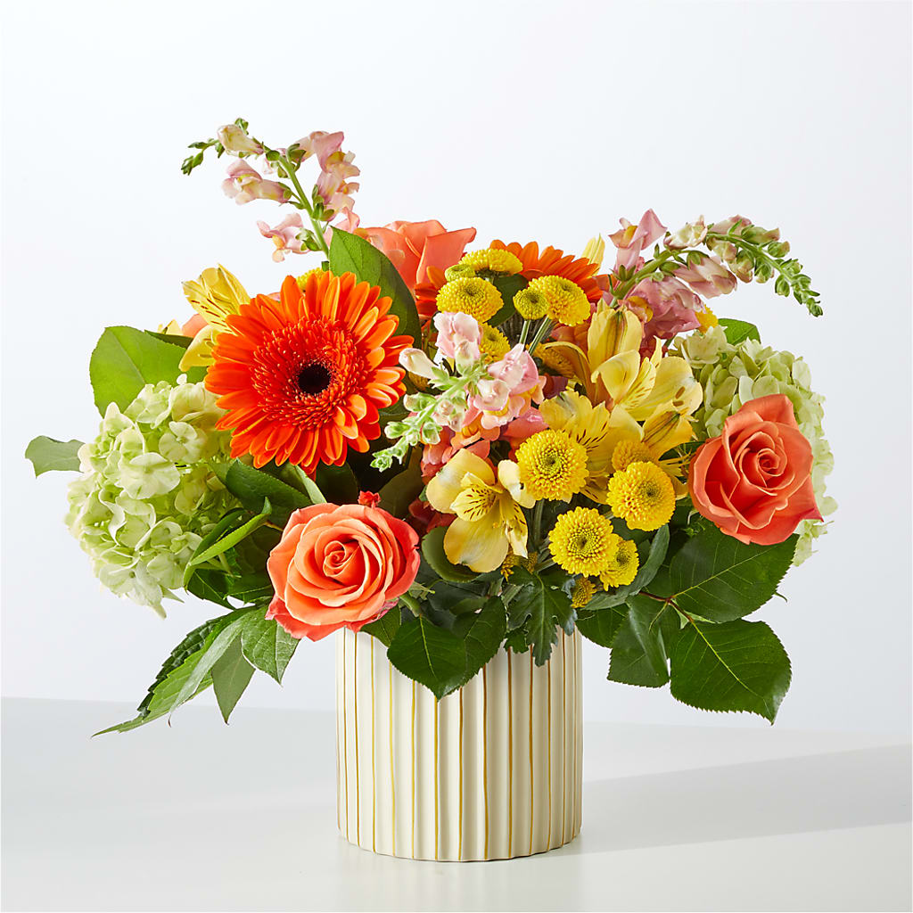 Autumn Sunshine Bouquet with Ivory Vase – DANDELIONS ALL THINGS WEDDINGS & EVENTS, Germanton NC