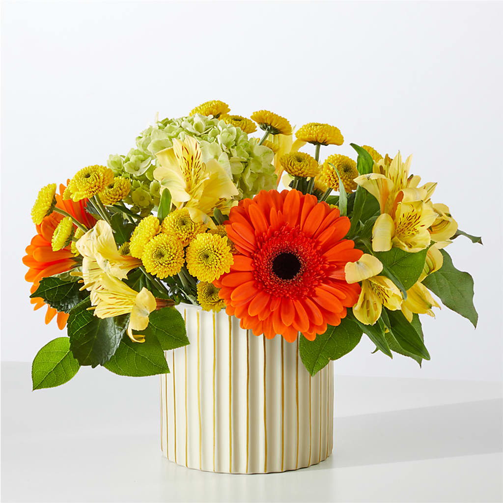 Autumn Sunshine Bouquet with Ivory Vase – DANDELIONS ALL THINGS WEDDINGS & EVENTS, Germanton NC